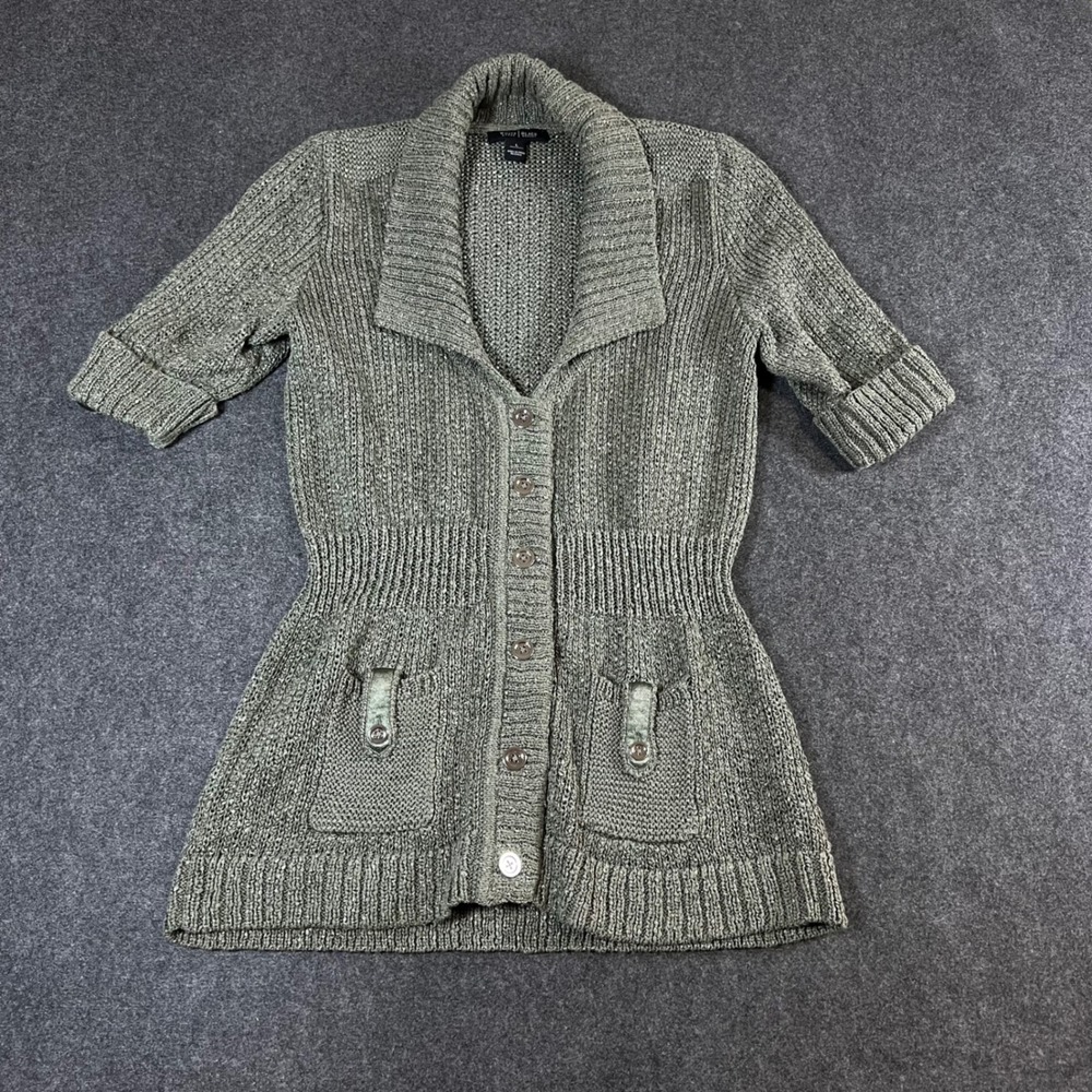 White House Black Market Green Metallic Short Sleeve Shawl Cardigan Sweater L
